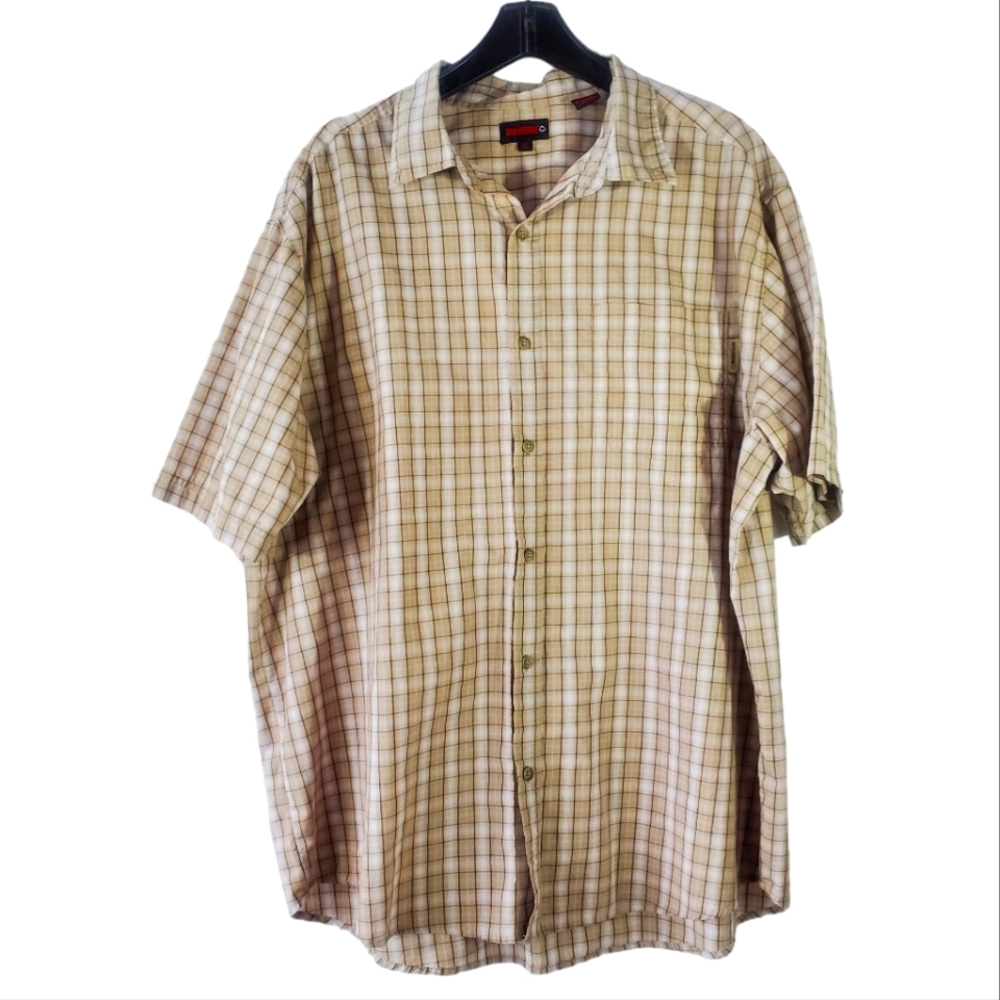 Wolverine Shirt XXL TTG Button Up Pocket Short Sleeve Plaid Tan White